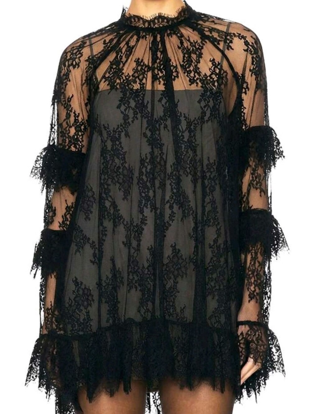 Women's Elegant Lace Dress, Long Sleeve, Small Stand Collar, Ruffle Design, Eleg - Picture 4 of 6